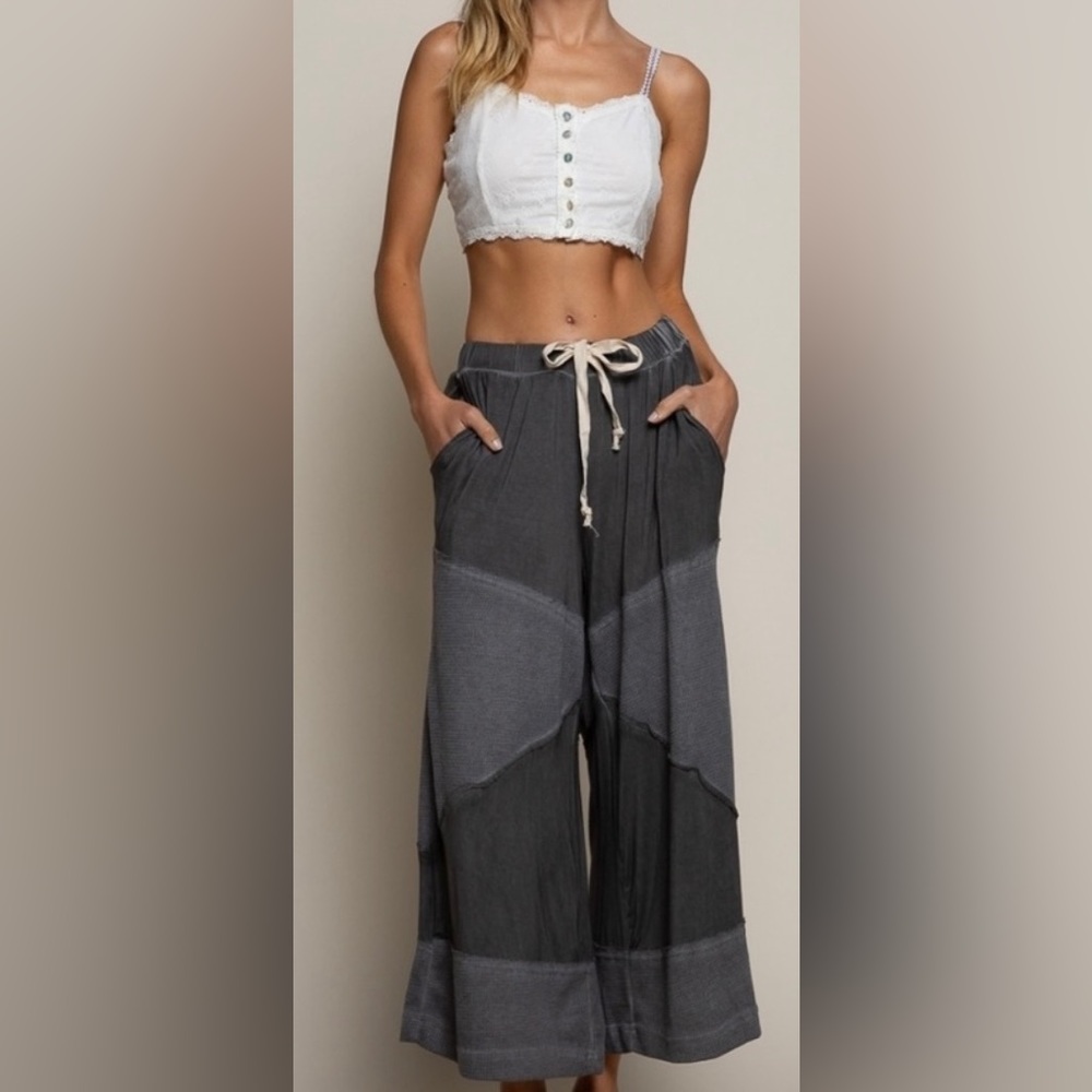 POL Wide Leg Pants W/Drawstring Mix Fabric